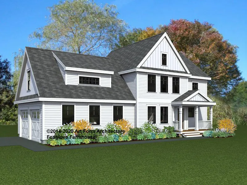 rendering of white foxglove farmhouse