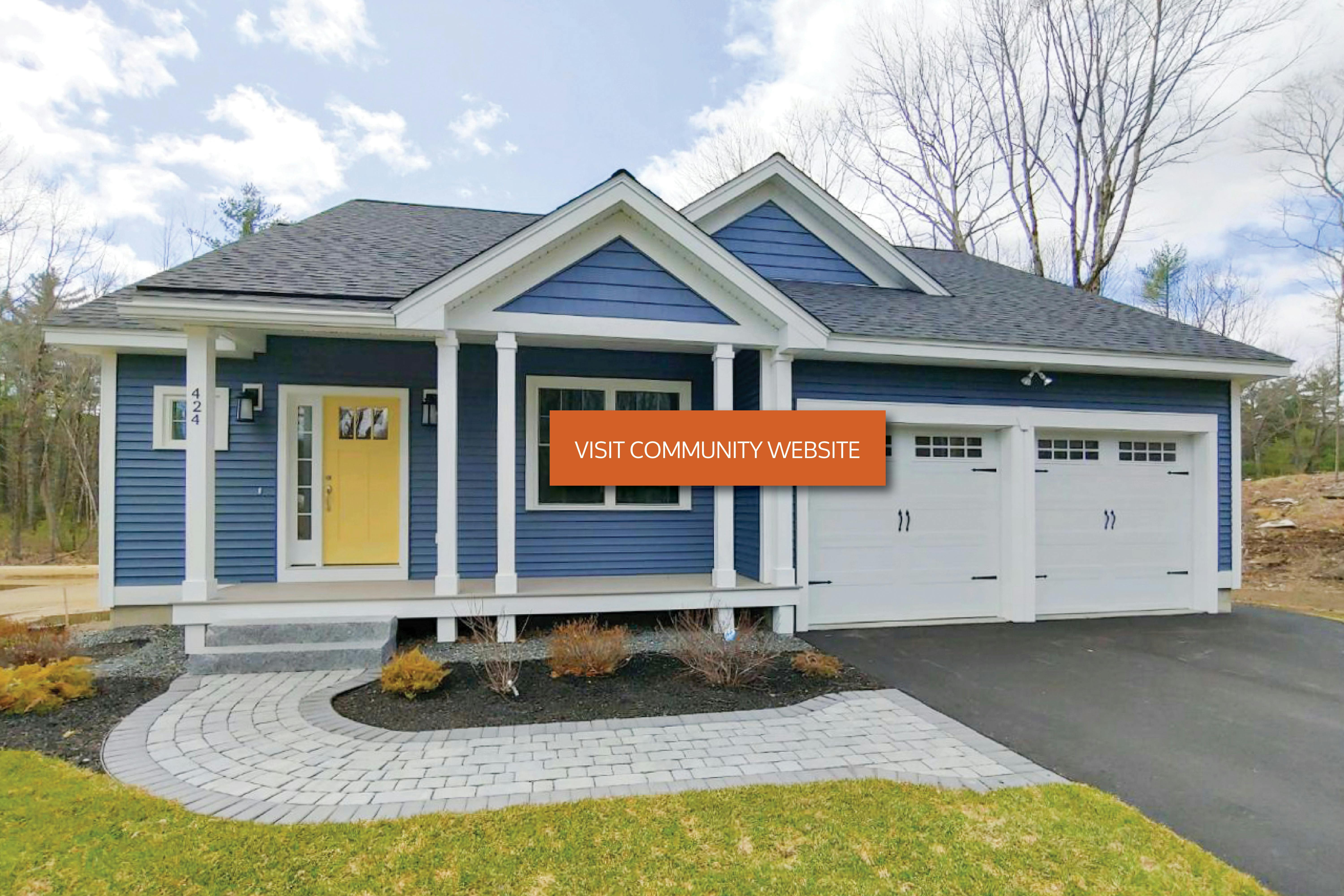 blue ranch style home with yellow door and button that reads visit community website
