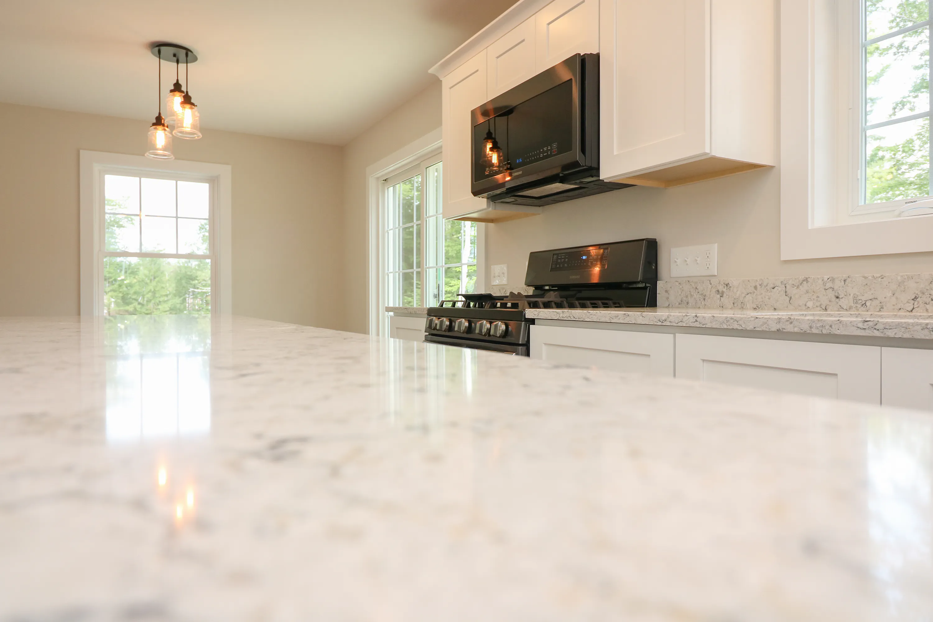close up of white counter in new home kitchen